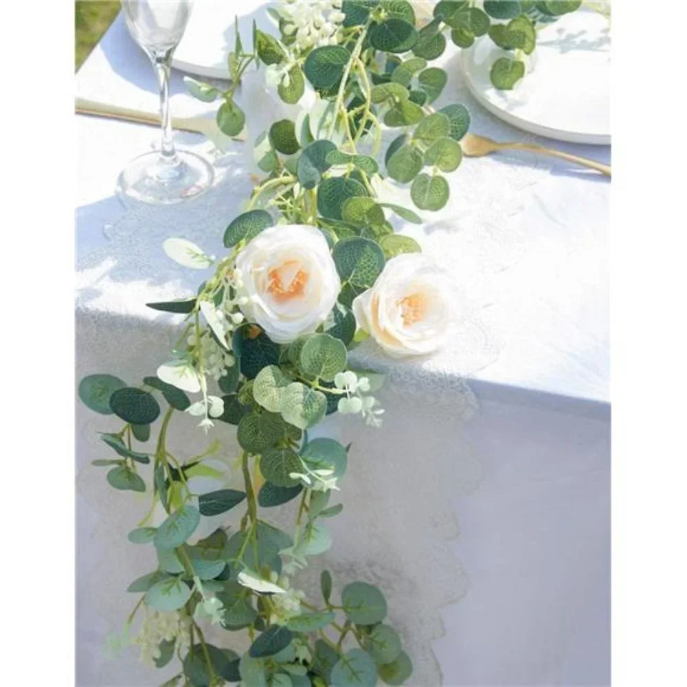 2 Pack 13Ft Artificial Eucalyptus Flower Garland with Fake Rose (Champagne)